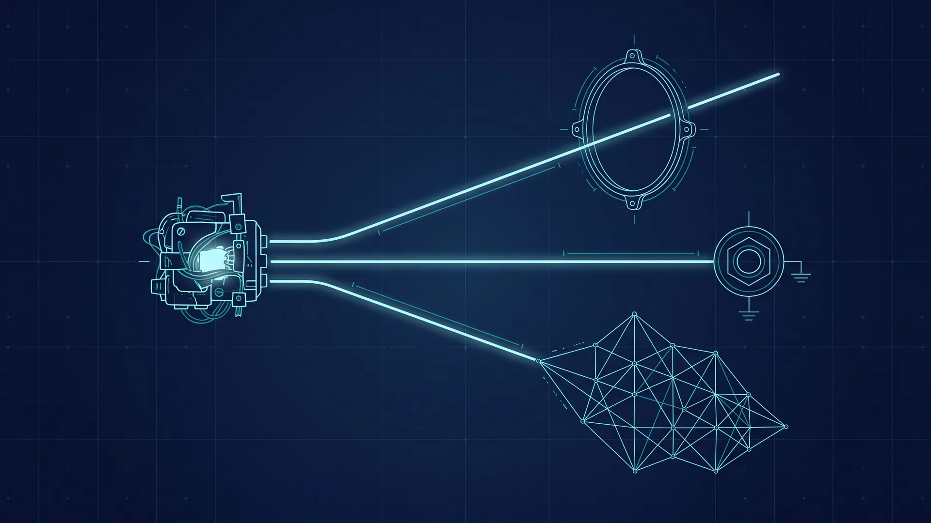 Abstract diagram of a small hand-built glowing module with three light paths leading away from it: one continues through a protective ring, one ends at a standard connector, one builds into a precise lattice.