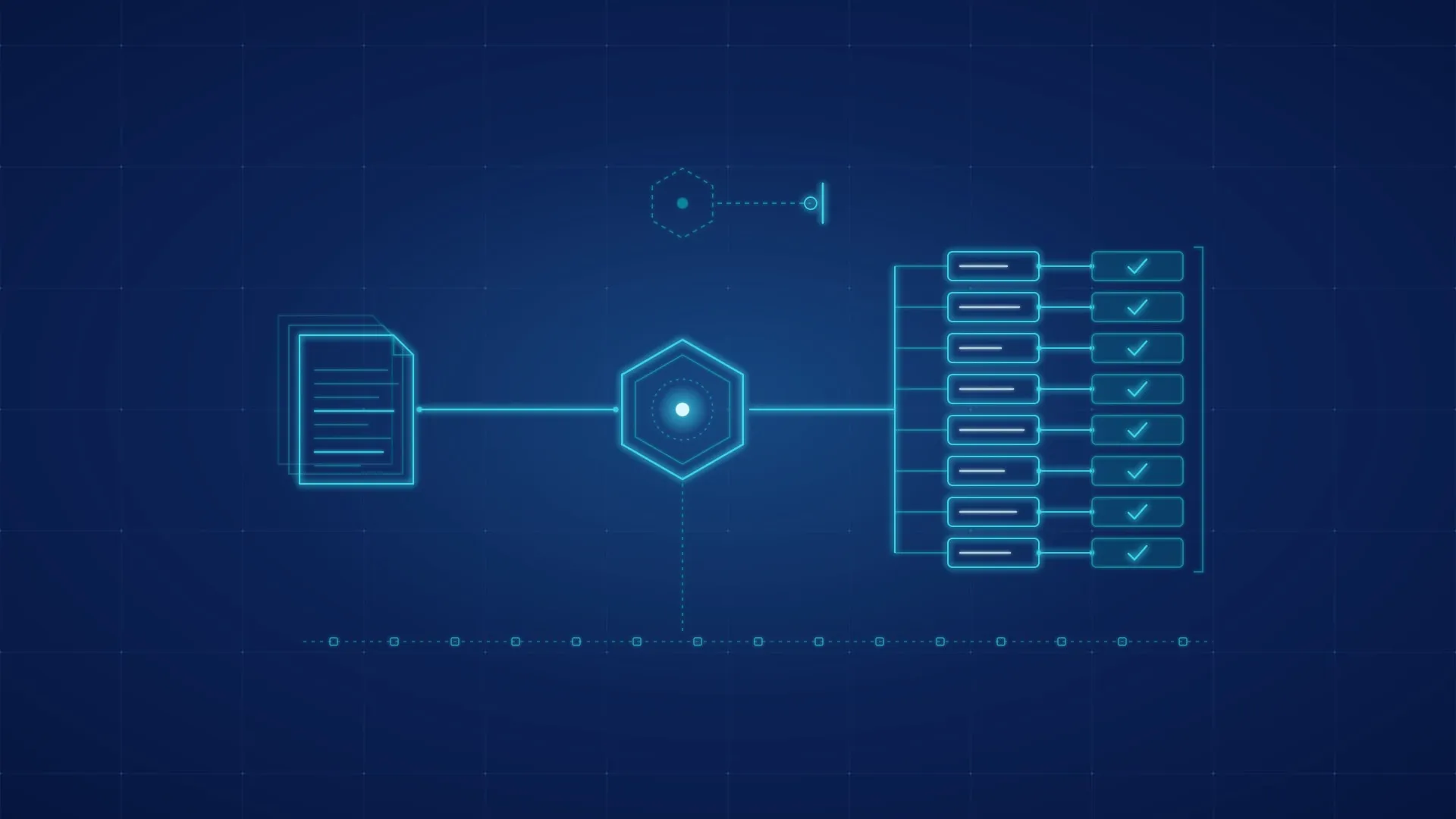 Schemă abstractă: un teanc de documente intră într-un nod hexagonal luminos, iar cele opt răspunsuri ale lui merg spre dreapta, fiecare legat de o celulă de referință verificată de un om, bifată; deasupra, un nod mai slab, punctat, este oprit la o barieră, iar dedesubt trece o linie discretă de înregistrări.