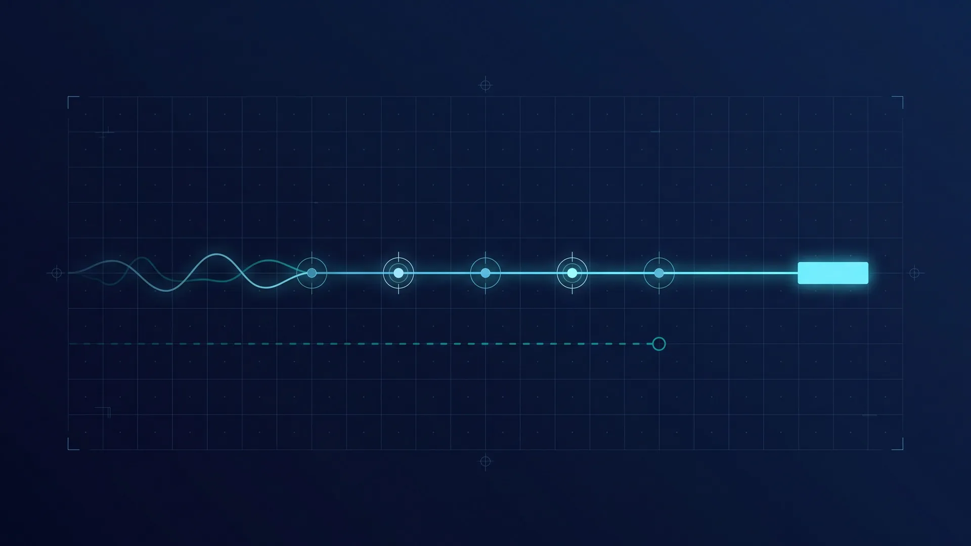 Abstract diagram of a light path passing through a row of checkpoints and ending in a solid block, with a faint dashed line beside it that stops at an empty circle.