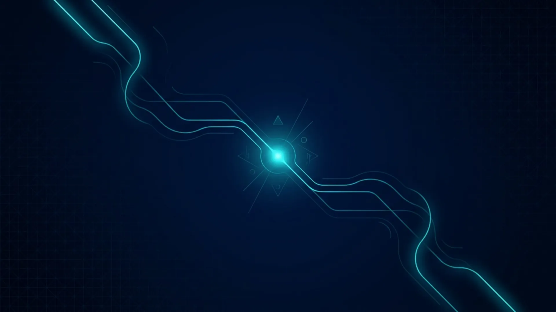 Abstract illustration of two glowing cyan light-paths converging into a single bright point on a dark navy background.