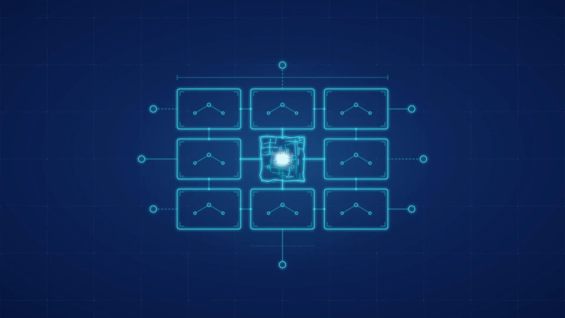 Diagramă abstractă cu un nucleu luminos mic, desenat dens, de mână, în centru, înconjurat de o structură mai mare și precisă, din module separate legate prin conectori subțiri, cu socluri libere pe margine.