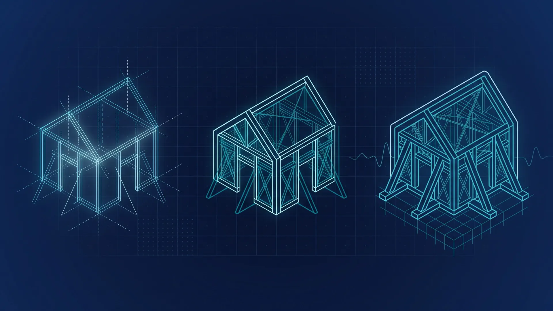 Abstract illustration of one small building-like structure in three stages: a glowing wireframe on the left, a framed version in the middle, and a solid, reinforced version on the right with foundation lines and a thin monitoring line around it.